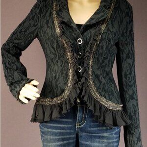 Free People Jacket Black Jacquard Ruffle Trim Boho Blazer Layering Women's 12